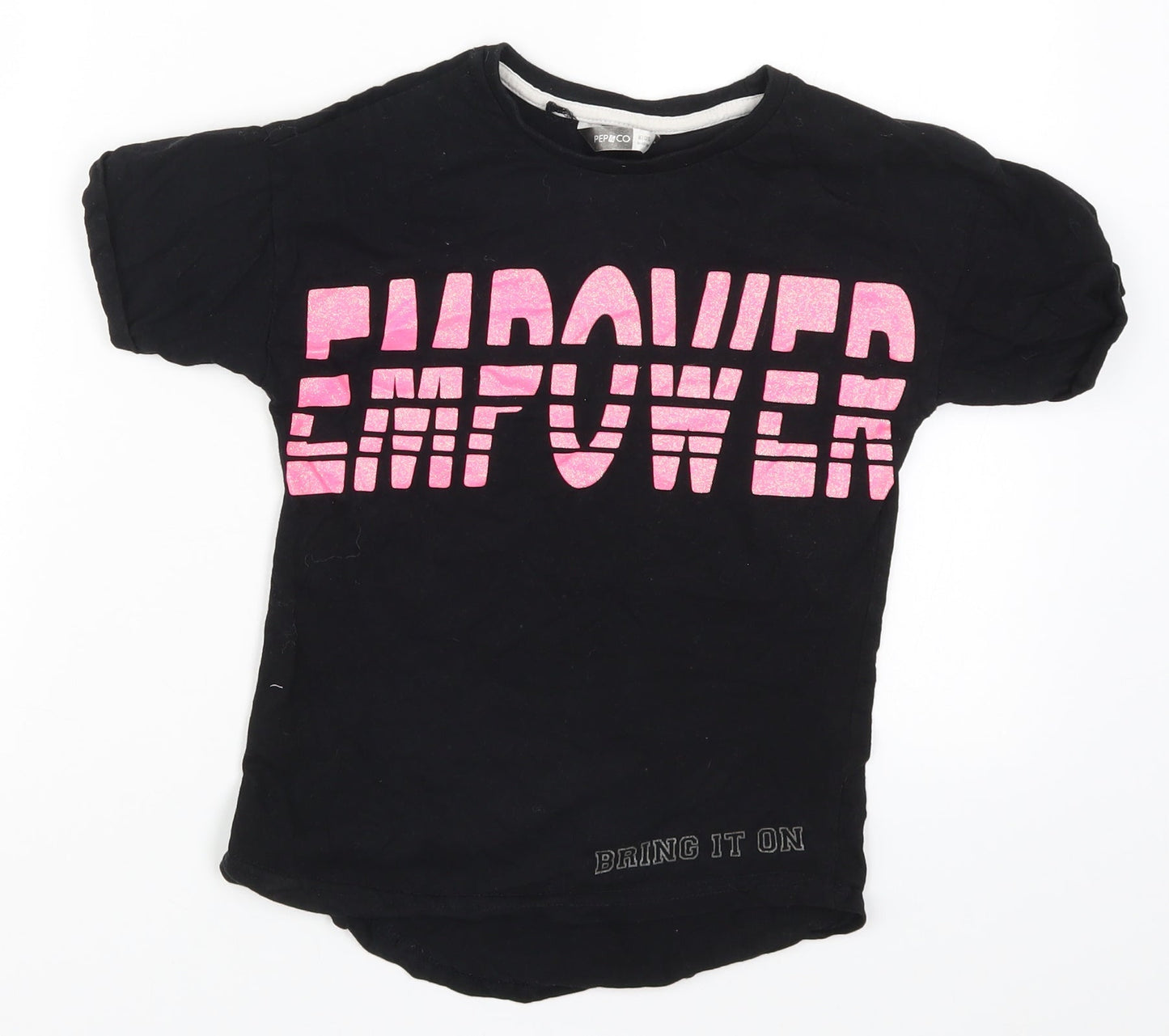 Pep&Co Girls Black   Basic T-Shirt Size 9-10 Years  - Empower Bring it On