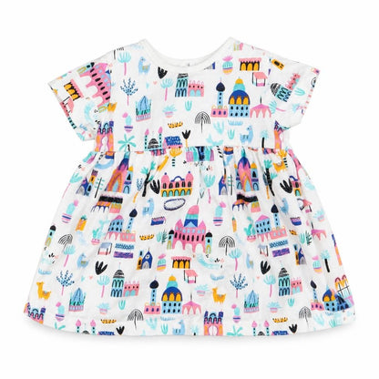 Front view of Blue Zoo girls’ white geometric t-shirt dress, size 3-6, months