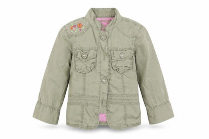 Front view of Cherokee girls’ beige basic button-up, size 5-6, years