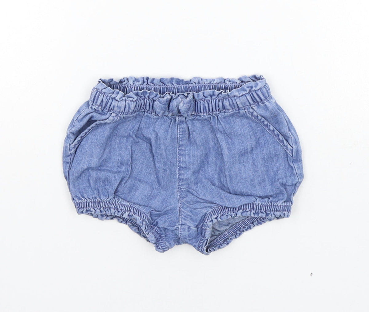 Additional front view of Gap girls’ blue cropped trousers, size 9-12, months - elasticated waist