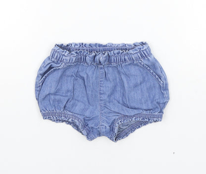 Additional front view of Gap girls’ blue cropped trousers, size 9-12, months - elasticated waist