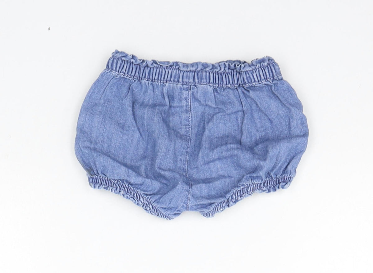 Back view of Gap girls’ blue cropped trousers, size 9-12, months - elasticated waist