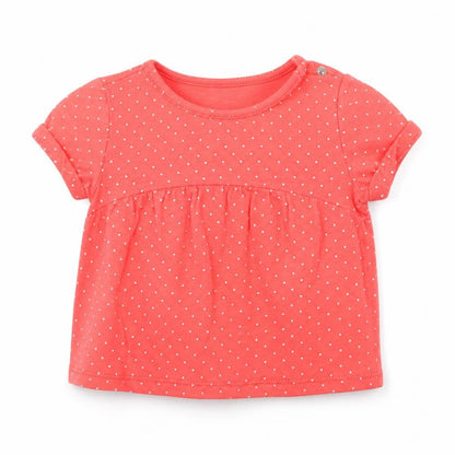 Front view of F&F girls’ red polka dot basic t-shirt, size 9-12, months