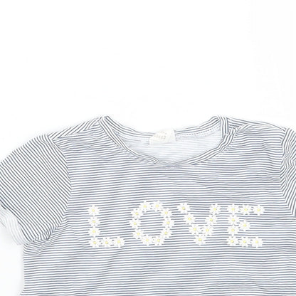 Close-up detail of girls’ white striped basic t-shirt, size 6-9, months