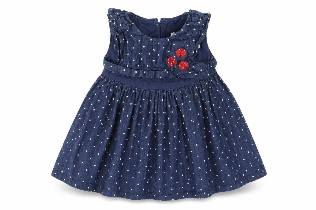 Front view of baby club girls’ blue polka dot fit & flare, size 9-12, months