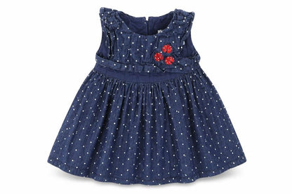 Front view of baby club girls’ blue polka dot fit & flare, size 9-12, months
