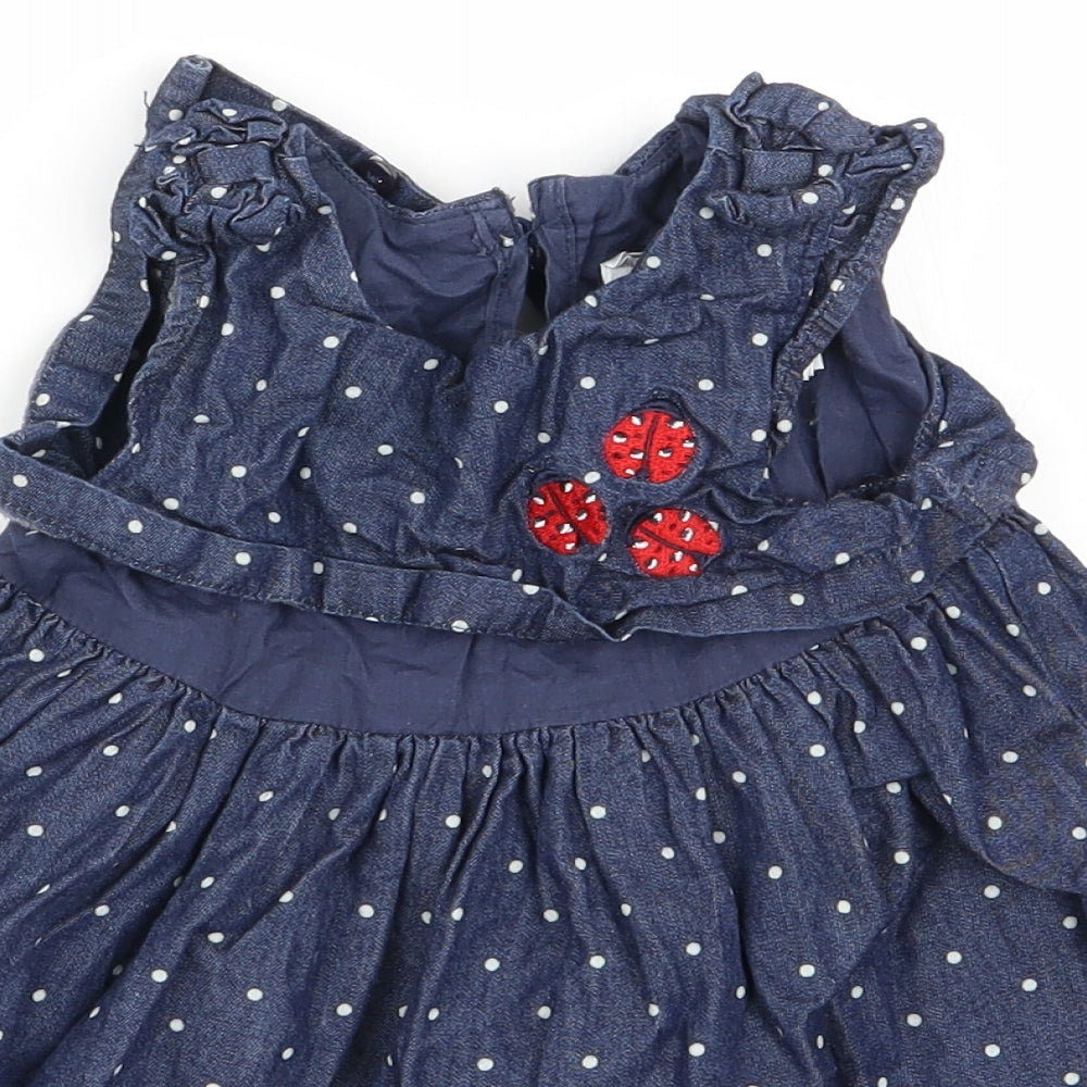 Close-up detail of baby club girls’ blue polka dot fit & flare, size 9-12, months