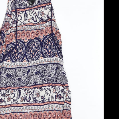 Close-up detail of Atmosphere women’s blue geometric tank dress, size UK 8