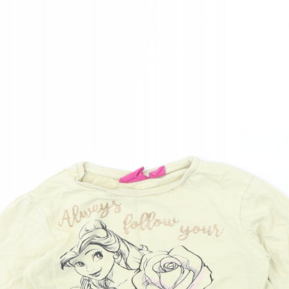 Close-up detail of Disney girls’ yellow basic t-shirt, size 3, years - belle (beauty & the beast)