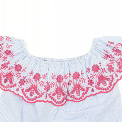 Close-up detail of Red Herring women’s blue floral basic t-shirt, size UK 8