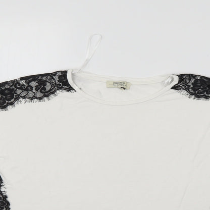 Close-up detail of Papaya women’s white floral basic t-shirt, size UK 8