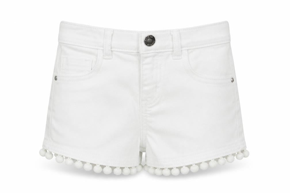 Front view of Denim Co girls’ white denim cut-off shorts, size 5-6, years - pom pom