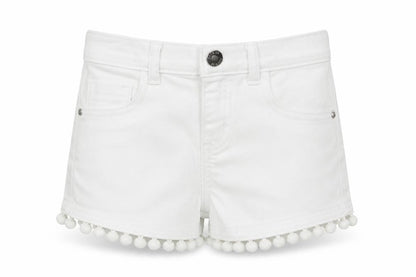 Front view of Denim Co girls’ white denim cut-off shorts, size 5-6, years - pom pom