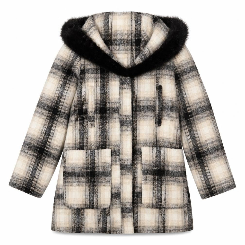 Bellfield Womens Beige Plaid  Overcoat Coat Size M