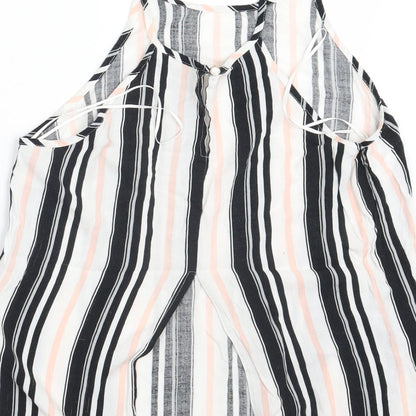Brand and care label for Miss Selfridge women’s black striped basic tank, size UK 10