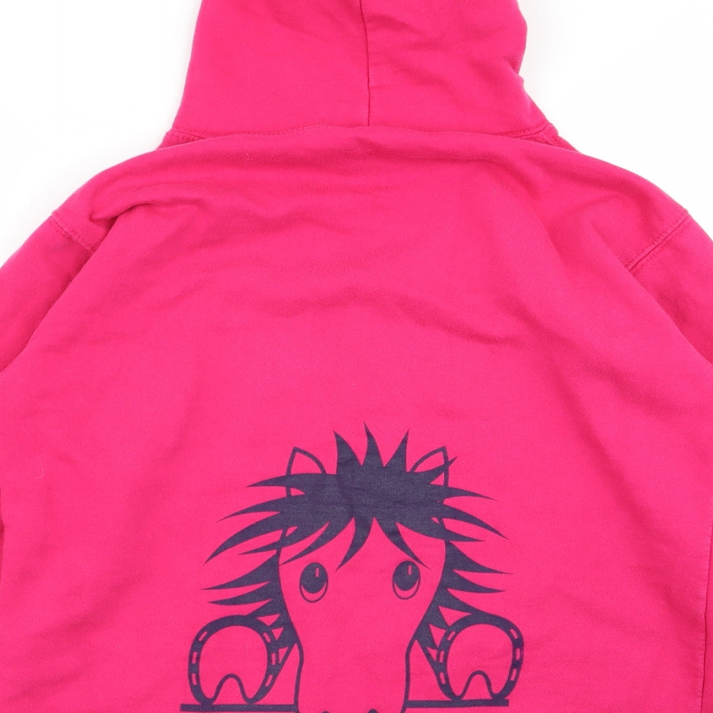 Brand and care label for Awdis girls’ pink animal print jumper, size 12-13, years
