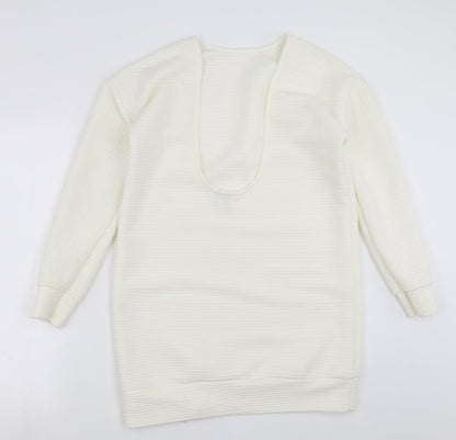 Back view of ASOS women’s white striped pullover sweatshirt, size UK 8, - scoop back