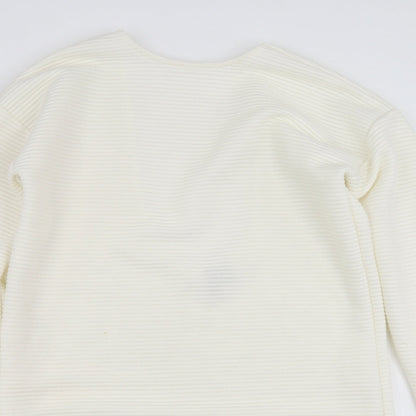 Close-up detail of ASOS women’s white striped pullover sweatshirt, size UK 8, - scoop back