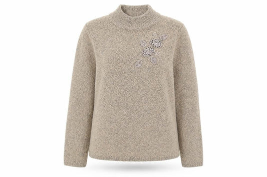 Bonmarché Womens Beige Knit Pullover Jumper Size M - Floral embroidery