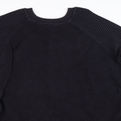 Close-up detail of French Connection women’s blue pullover sweatshirt, size XS