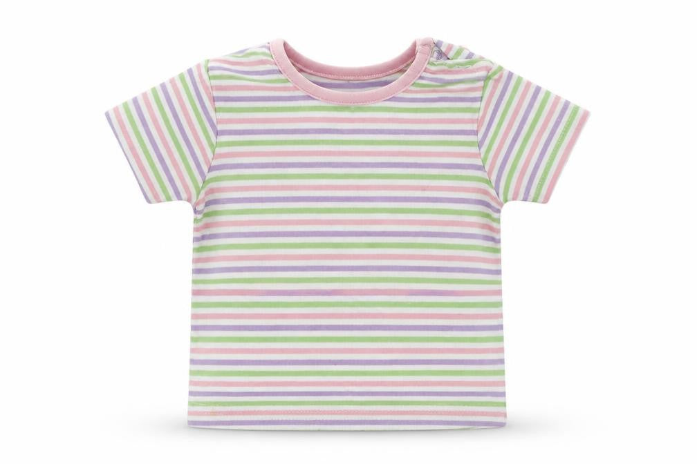 Front view of eddie girls’ white striped basic t-shirt, size 9-12, months