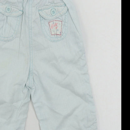 Brand and care label for Cherokee girls’ blue cargo trousers, size 12-18, months