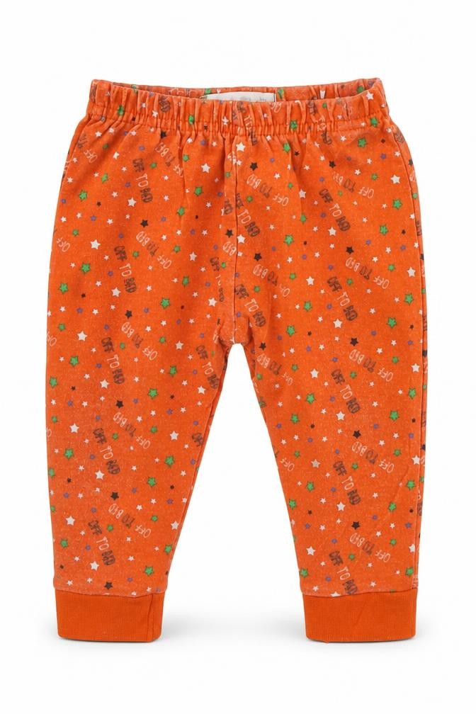 Front view of Early Days girls’ orange geometric jogger leggings, size 6-9, months