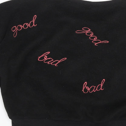 Brand and care label for French Connection women’s black pullover sweatshirt, size L, - good bad
