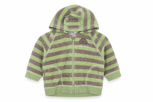 Front view of Next boys’ green striped full zip jumper, size 0-3, months - newborn