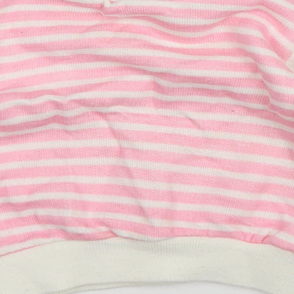 Brand and care label for Preworn girls’ pink striped jumper, size 3-6, months