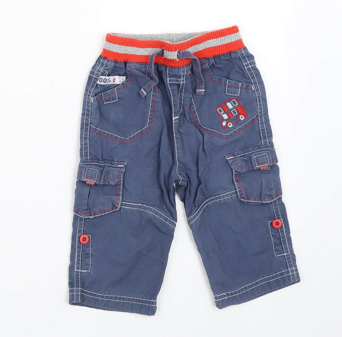 Additional front view of Tu boys’ blue cargo trousers, size 6-9, months