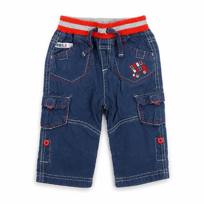 Front view of Tu boys’ blue cargo trousers, size 6-9, months