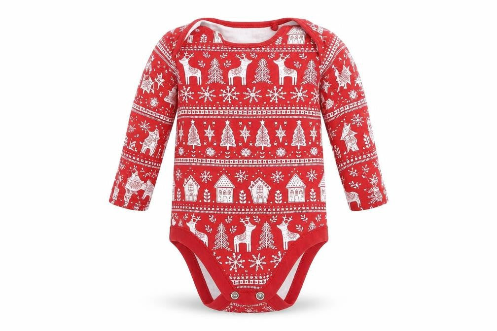 Front view of Tu boys’ red animal print romper one-piece, size 0-3, months - christmas