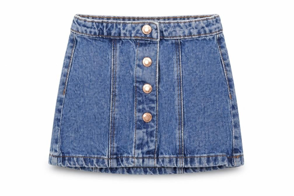 Front view of Denim & Co. girls’ blue denim a-line skirt, size 3-4, years