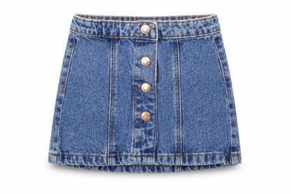 Front view of Denim & Co. girls’ blue denim a-line skirt, size 3-4, years