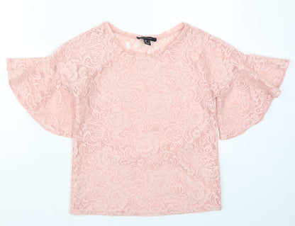 Additional front view of Atmosphere women’s pink lace basic t-shirt, size UK 4
