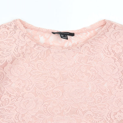 Close-up detail of Atmosphere women’s pink lace basic t-shirt, size UK 4
