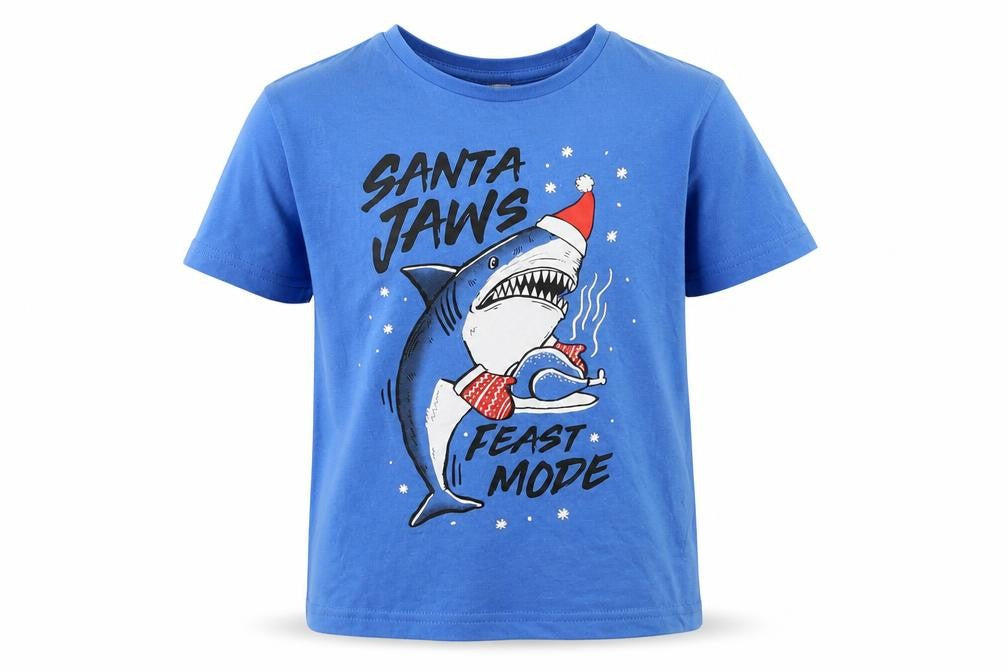 George Boys Blue   Basic T-Shirt Size 6-7 Years  - Santa Jaws Feast Mode