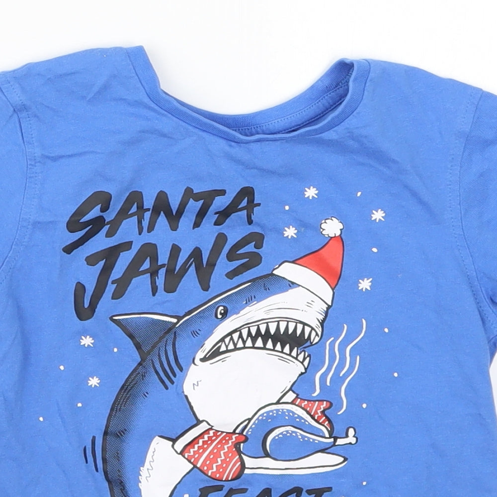 George Boys Blue   Basic T-Shirt Size 6-7 Years  - Santa Jaws Feast Mode