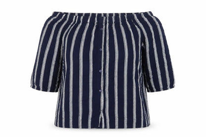 Front view of Atmosphere women’s blue striped basic blouse, size UK 12