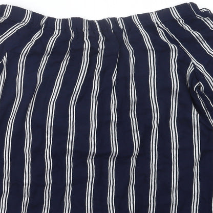 Brand and care label for Atmosphere women’s blue striped basic blouse, size UK 12