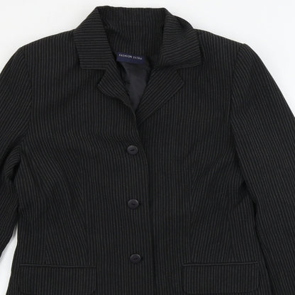 Close-up detail of FASHION EXTRA women’s black striped jacket blazer, size UK 12