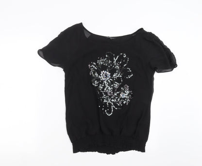 Debenhams Womens Black   Basic Blouse Size 10  - Sequin Flowers