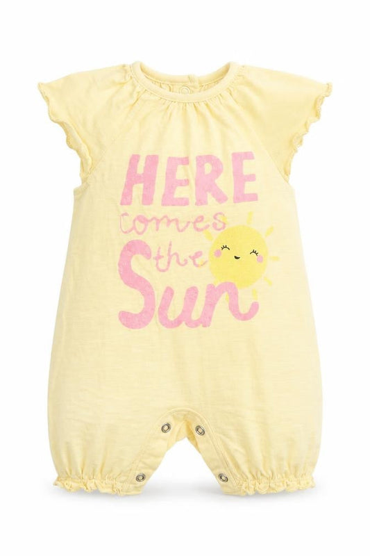 Front view of F&F girls’ yellow babygrow one-piece, size 0-3, months