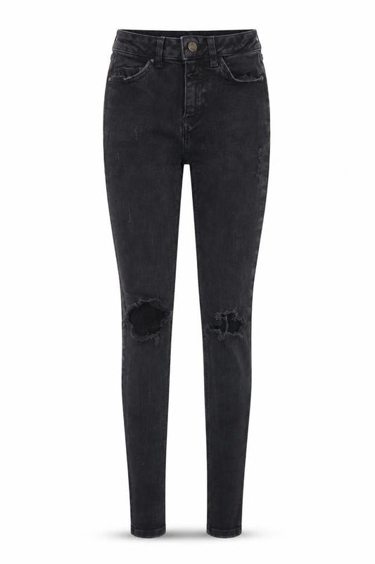 Front view of Denim & Co. women’s black denim skinny jeans, size UK 4, 28-inch leg
