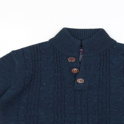 Close-up detail of Easy men’s blue jumper, size M