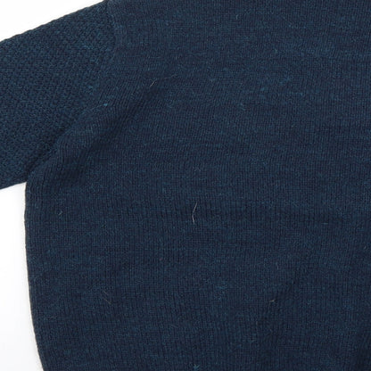 Brand and care label for Easy men’s blue jumper, size M