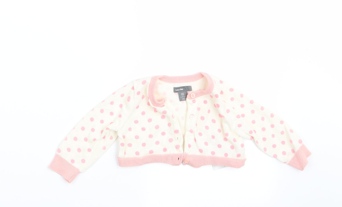 Additional front view of Gap girls’ pink polka dot cardigan jumper, size 3-6, months