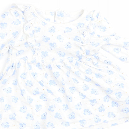 Brand and care label for Matalan girls’ blue floral a-line, size 3-6, months