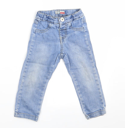 Front view of NAME IT girls’ blue cargo jeans, size 18-24, months